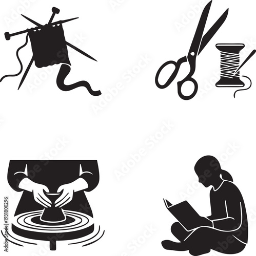 Hobbies and crafts vector icons: knitting needles with yarn, scissors with thread, pottery wheel, and reading person