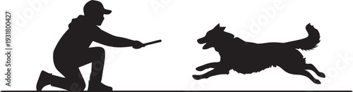 Boy training dog with stick silhouette vector showing active interaction between child and pet during outdoor play and exercise