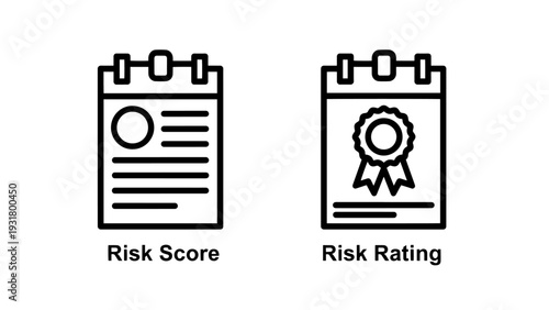 Risk score icon on a document with progress bars, beside a risk rating icon on a certificate or badge for evaluation and assessment.