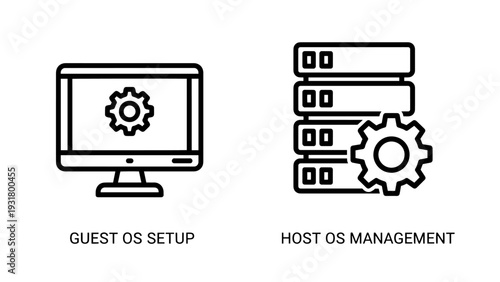 Guest OS setup icon on a computer monitor with gear, next to host OS management icons with servers and a gear for system administration.