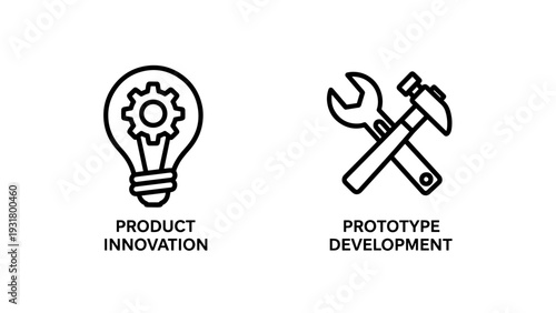Product innovation lightbulb icon with gear, alongside prototype development tools like wrench and hammer for creation and building.