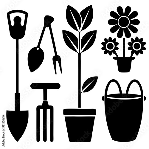 Vector black gardening icons set illustration