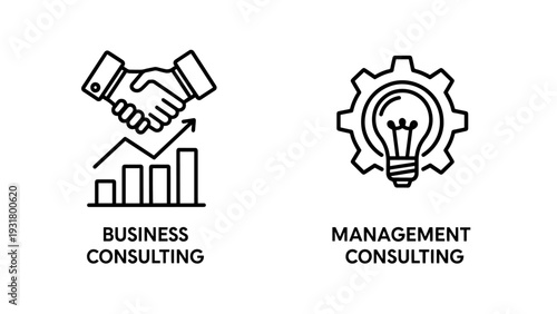 Icons representing business consulting and management consulting, with a handshake over a growth chart and a lightbulb within gears.