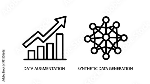 Data Augmentation and Synthetic Data Generation Icons: Upward Trend Graph and Network Symbol for AI and Machine Learning