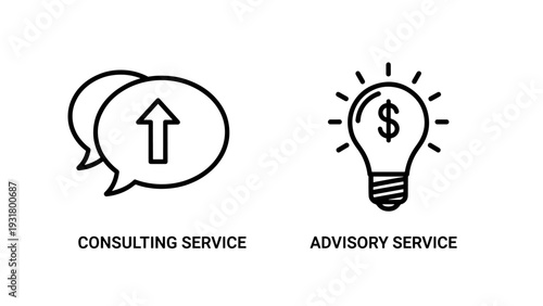 Consulting Service and Advisory Service Icons: Speech Bubbles with Up Arrow and Lightbulb with Dollar Sign for Business Growth and Ideas