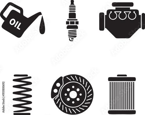 Automotive mechanical parts collection illustration icons including oil can spark plug engine spring brake filter and rotor