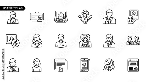 Collection of usability lab icons representing diverse users, user profiles, interviews, and testing scenarios