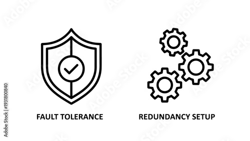 Icons representing fault tolerance and redundancy setup with shield and gears, indicating system reliability and safety