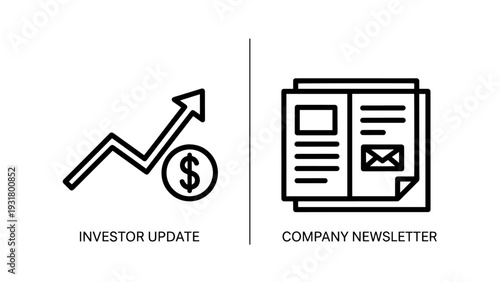 Icons for investor update and company newsletter, showing a financial growth chart and a document with an envelope symbol