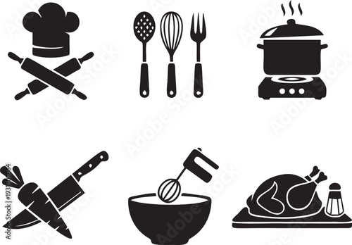 Kitchen tools and cooking equipment icons with chef hat and rolling pins plus whisk and stove for restaurant food preparation