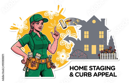 Confident woman enhancing home exterior with paint roller and brush