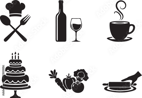 Restaurant and bakery icons including chef hat with cutlery and wine bottle plus coffee cup and layered birthday cake design