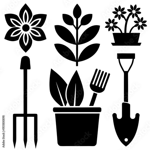 Vector black gardening icons set illustration