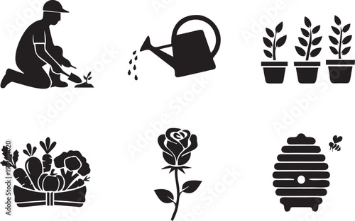 Gardening and nature icons collection man planting seedlings watering can potted plants flower beehive