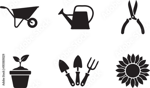 Gardening tools and nature elements wheelbarrow watering can pruners potted plant hand tools sunflower