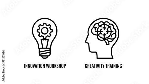Innovation Workshop and Creativity Training Vector Icons for Idea Generation, Brainstorming, and Skill Development Concepts.