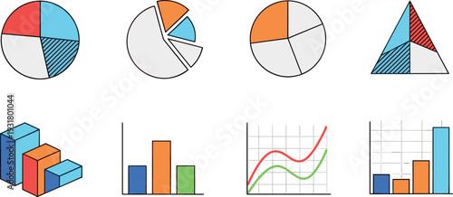 Business statistics and financial charts icon set with pie graphs bar columns line trends and analytics diagrams