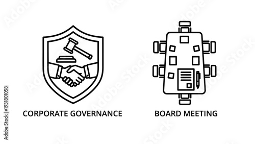 Business Administration and Legal Oversight Icon Set: Corporate Governance and Board Meeting Concepts in Line Art