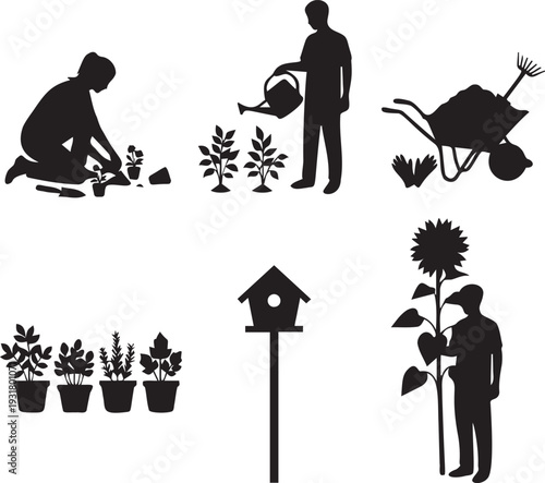 Silhouette set of gardening activities people planting watering wheelbarrow flowers birdhouse sunflower and gardening tools on transparent background vector