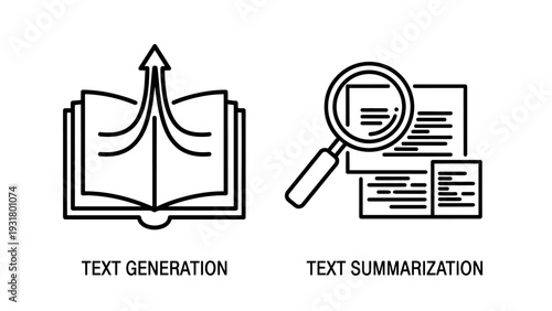Artificial Intelligence Text Generation and Information Summarization Icons for Content Creation and NLP Concepts