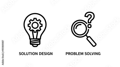 Innovative Problem Solving and Creative Solution Design Process Icons: Lightbulb and Magnifying Glass Line Art for Strategy