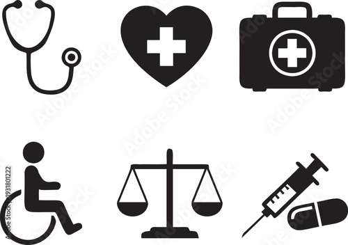 Medical healthcare icons collection with stethoscope heart cross symbol first aid kit disabled person scales and syringe pill