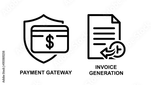 Secure Payment Gateway and Invoice Generation Icons for Online Transactions and Financial Services
