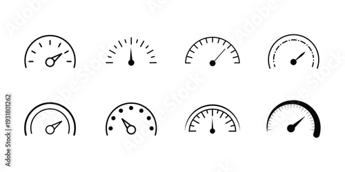 Set of Speedometer Gauge Icons with Arrows, Dial Indicators, and Measurement Meters in Minimal Line Style for UI Dashboard Design.eps10