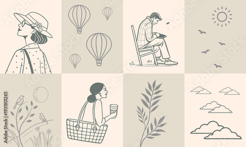 A collection of serene line art illustrations depicting travel, nature, and tranquil moments in a minimalist style