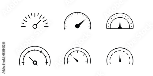 Set of Speedometer Gauge Icons with Arrows, Dial Indicators, and Measurement Meters in Minimal Line Style for UI Dashboard Design.eps10