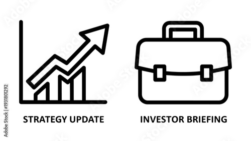 Strategy Update and Investor Briefing Icons: Business Growth, Financial Reporting, and Corporate Communication Symbols