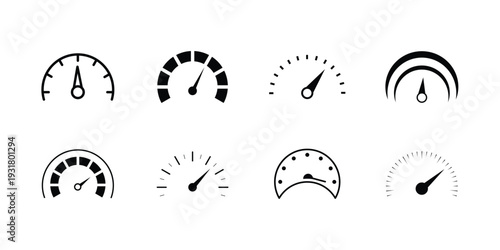 Set of Speedometer Gauge Icons with Arrows, Dial Indicators, and Measurement Meters in Minimal Line Style for UI Dashboard Design.eps10
