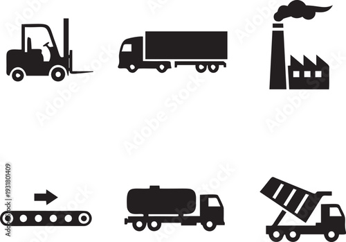 Set of industrial icons representing manufacturing process, logistics, and factory production with construction elements and transportation vehicles