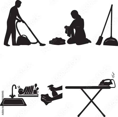 Set of cleaning and household chores icons including vacuuming, laundry, sweeping, dishes, wiping, and ironing
