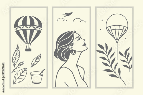 Minimalist three-panel art depicting travel, nature, and a woman's serene gaze towards the sky
