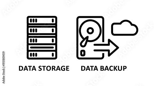 Cloud Data Storage and Secure Data Backup Icons for IT Infrastructure and Digital Protection