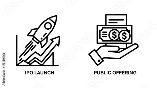 IPO Launch and Public Offering Icons for Stock Market Investment and Corporate Funding