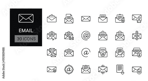 A set of various email icons and symbols in line art style