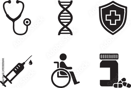 Medical icons collection including stethoscope dna syringe wheelchair and medicine bottle for healthcare and pharmacy services