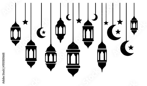 Minimalist Black Silhouette Ramadan Lanterns with Moon and Stars Islamic Vector Collection