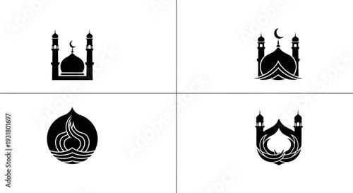 A set of minimalist Islamic logo silhouettes featuring different styles, including a geometric mosque.