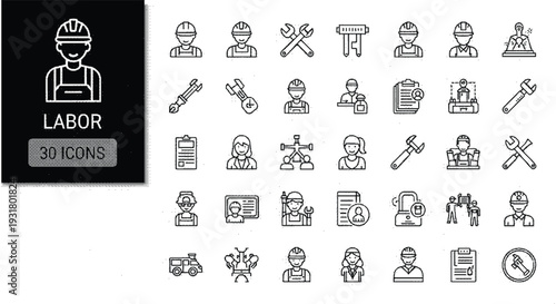 Black and white line icons of labor workers and tools