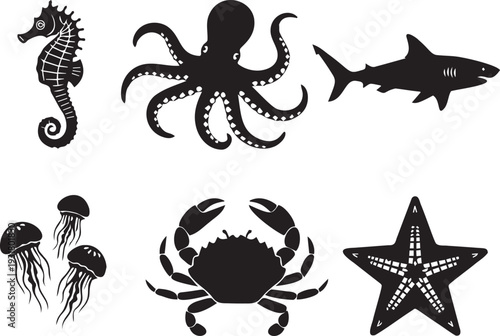 Set of marine animal silhouettes including seahorse octopus shark jellyfish crab and starfish on transparent background