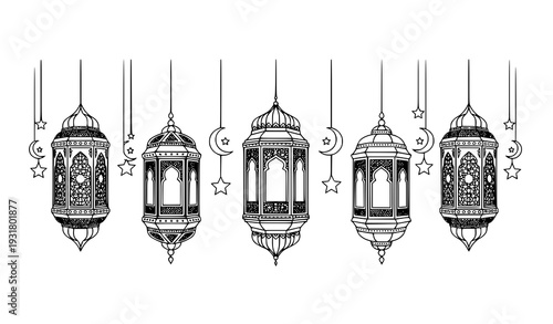 Black and White Hanging Arabic Lanterns with Crescent Moons and Stars Ramadan Kareem Vector Illustration