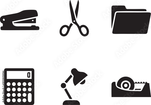 Assorted workspace tool silhouettes featuring stapler scissors folder calculator desk lamp and tape dispenser on transparent base
