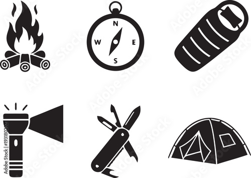 Camping and outdoor recreation equipment collection of flat vector icons campfire compass sleeping bag flashlight multitool tent