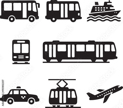 Public transportation vector icons with various modes of transport including buses, train, tram, taxi, cruise ship, and airplane