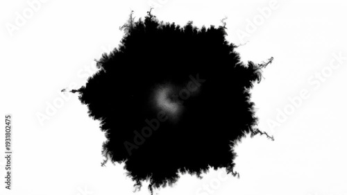 A large, abstract, black ink blot in a central, symmetrical form, with spidery tendrils emanating from its edges on white