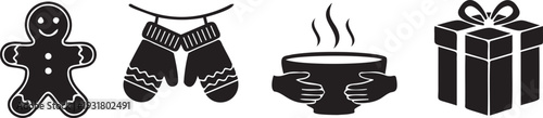 Christmas holiday winter icons featuring gingerbread man mittens steaming bowl and gift box silhouette on transparent background