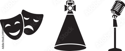 Entertainment industry vector illustrations with comedy and tragedy masks, megaphone, and retro microphone